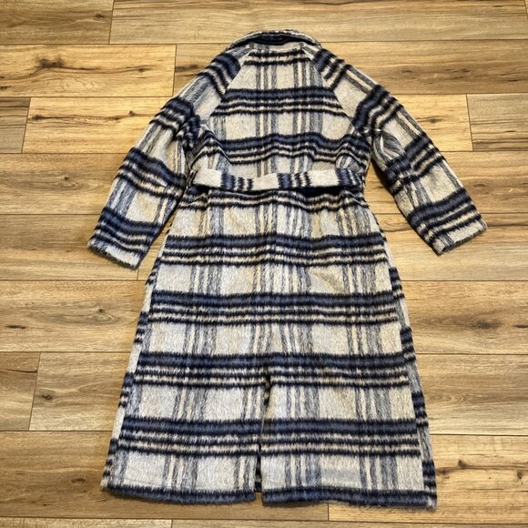 En Saison Demi Plaid Belted Coat SZ Medium Navy Gray Multi Long Fuzzy - Picture 12 of 14